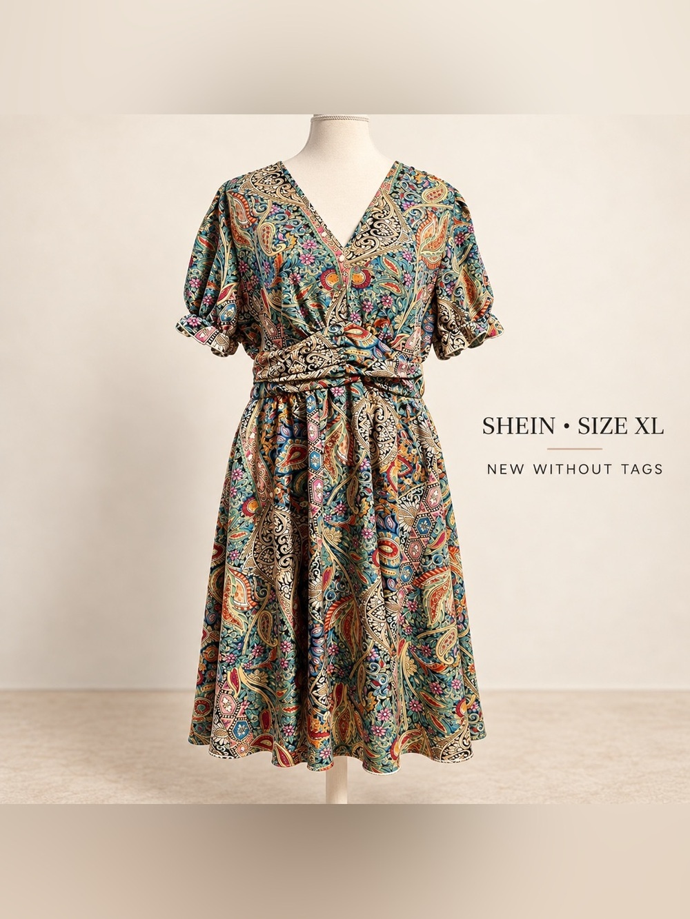SHEIN Multicolor Paisley Floral Belted Midi Dress Size XL NWOT
